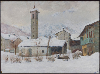 Alice Dreossi (1882-1967)
Olio su tela
cm 74x100 - 1920/30
Nevicata (Val Raccolana, Saletto)