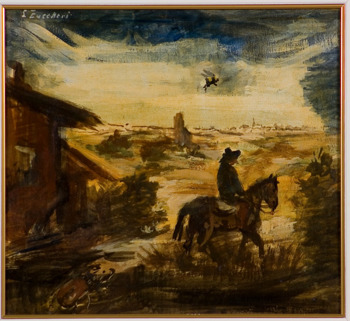 Luigi Zuccheri (1904-1974)
Tempera su tavola
cm 32x35
Coleottero e Cavaliere nel paesaggio